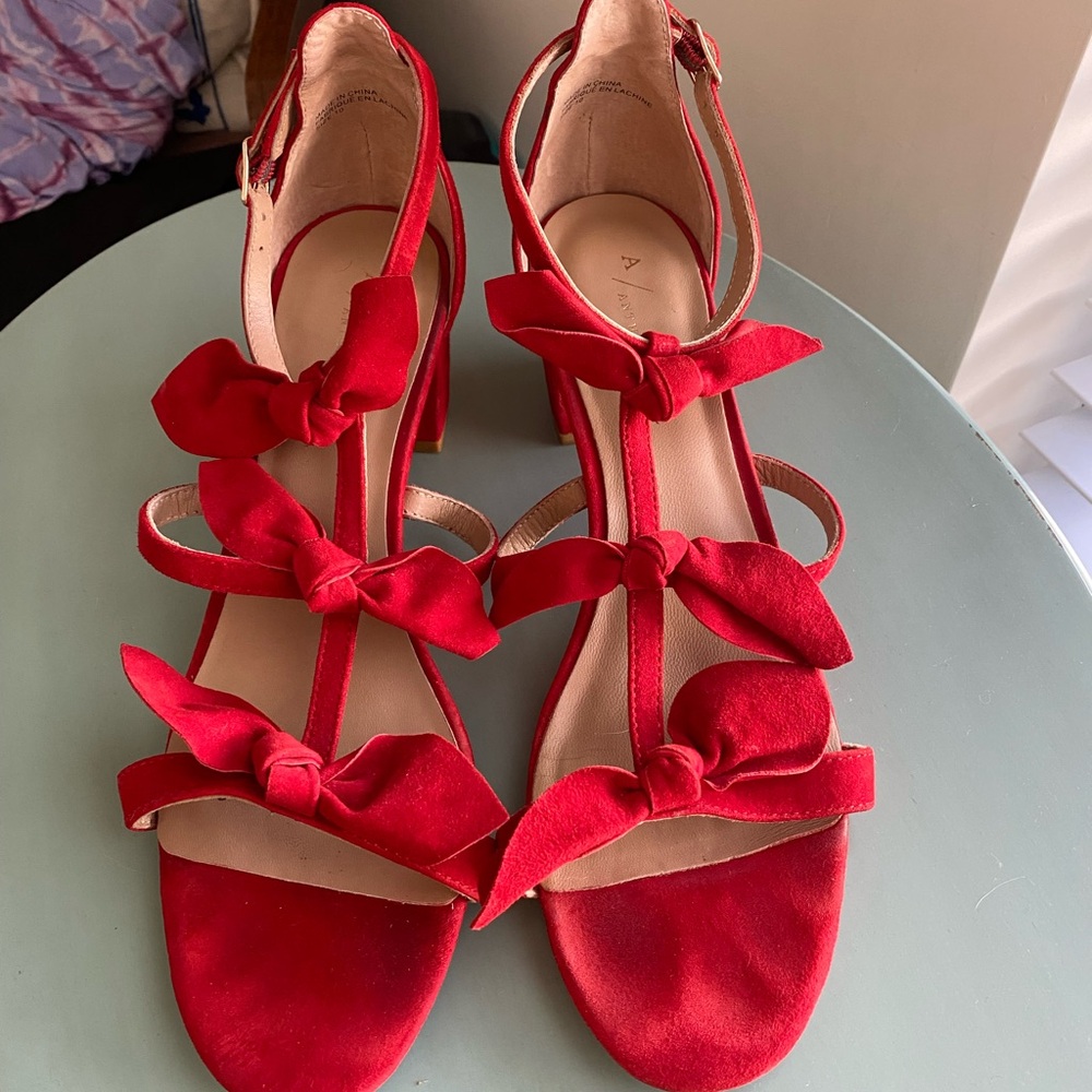 Anthropologie Red Bow T-Strap Heels